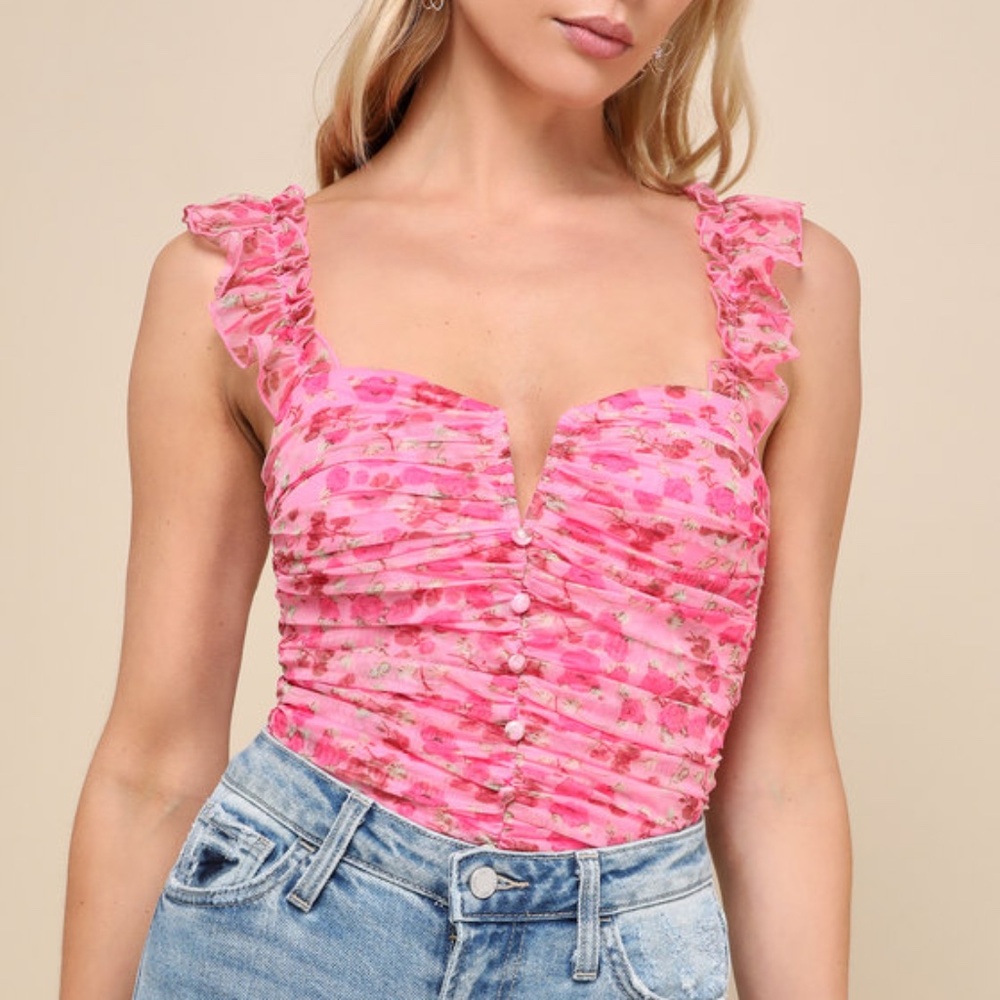 Lulus Flirtatious Sweetness Hot Pink Floral Ruched Ruffled Tank Top - Size L - Picture 1 of 1